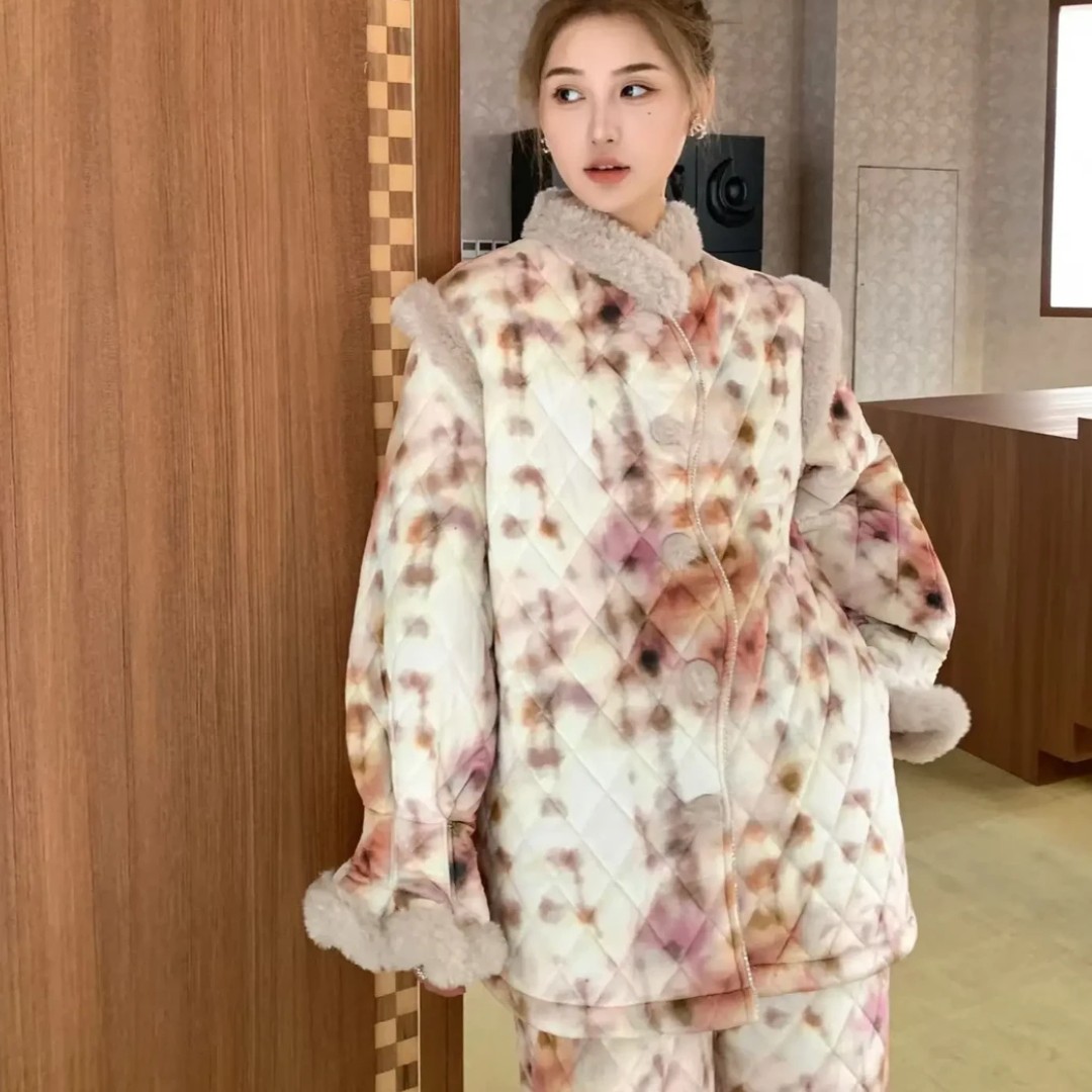 原艾慕优夕拾琥珀撞色毛领三层加厚夹棉可外穿新中式家居服