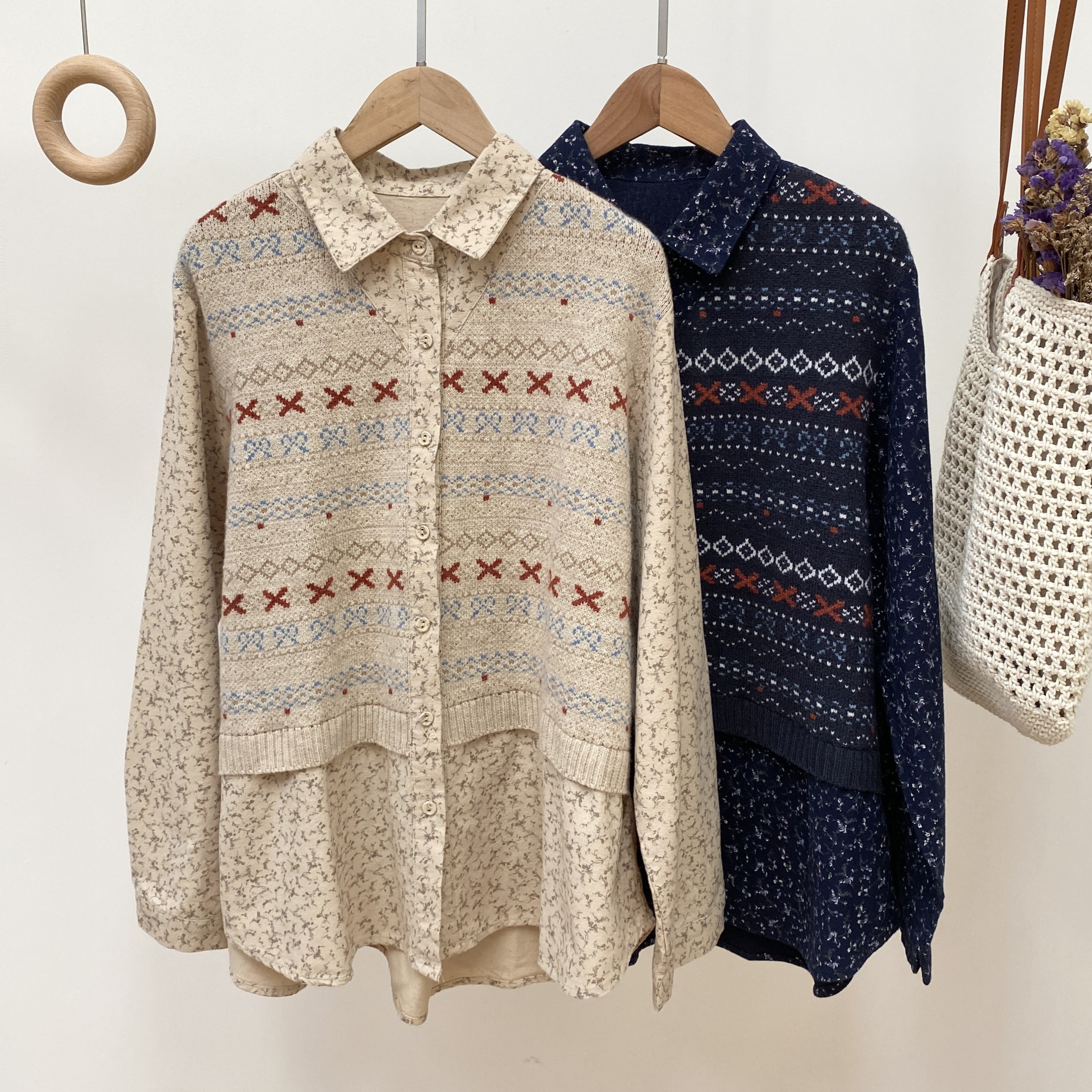 【翻领碎花针织拼接棉衬衫】4757