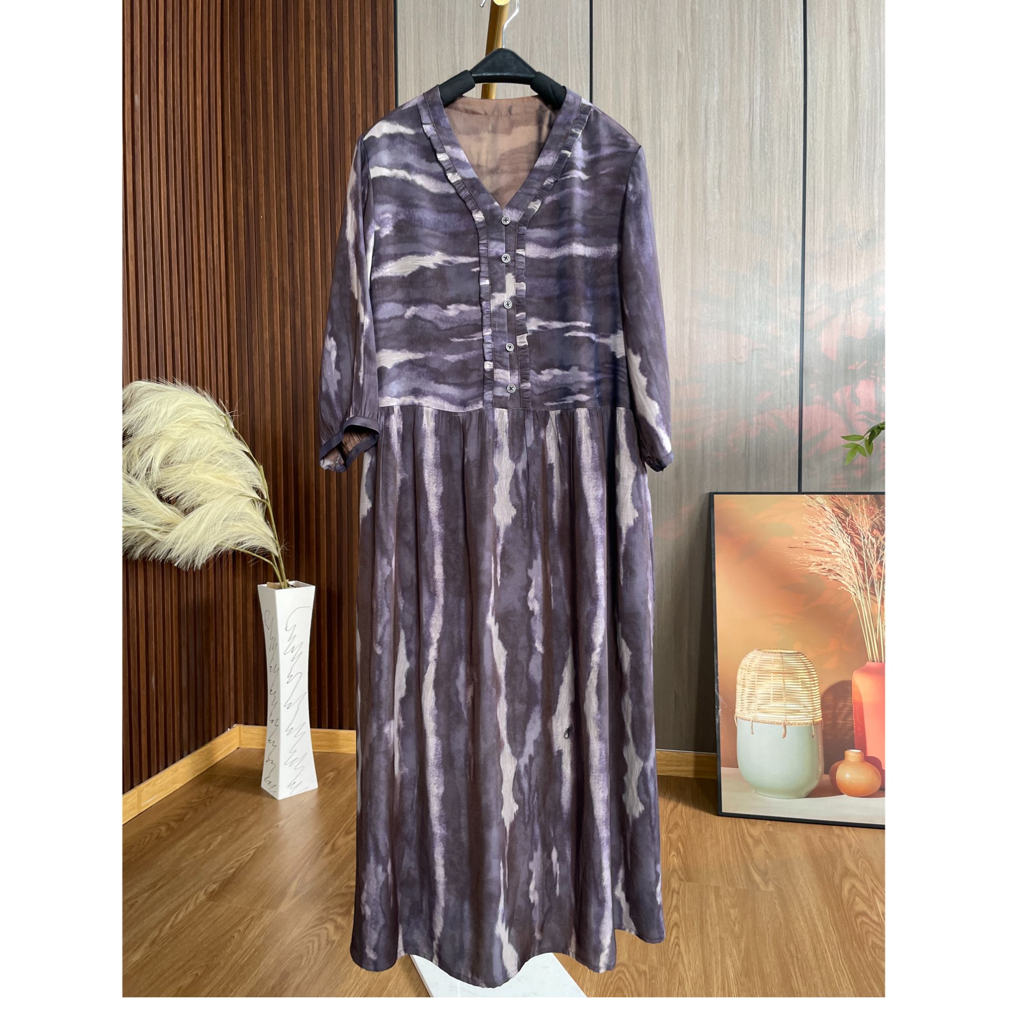 2025夏季新款七分袖连衣裙紫色舒服透气大码妈妈装