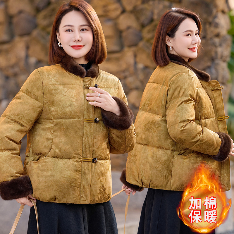 2025年冬季国风立领短款棉服女中老年妈妈装加厚保暖棉衣纯色外套