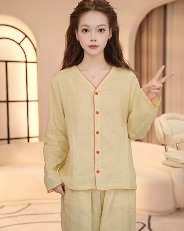 VINEEMAN【橙香暖柠】早秋纯棉甜美女士家居服套装印花女睡衣