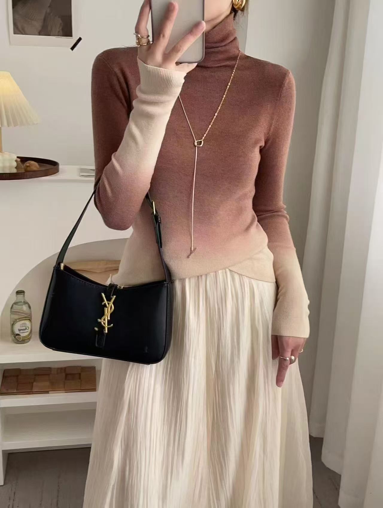 【渐层】2025冬季百搭渐变自由领高领针织毛衣新款长袖打底内搭上衣