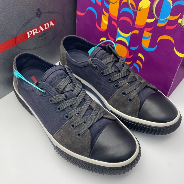 95新 Prada/普拉达 41.5欧码/藏蓝拼接麂皮休闲帆布透气板鞋