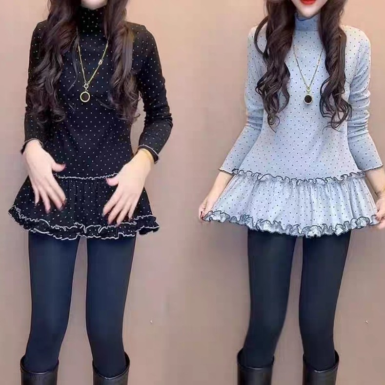 洋气波点荷叶边T恤女春季新款长袖高领宽松显瘦减龄打底衫冬