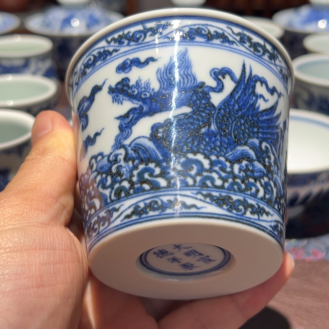 杯青花海水应龙小可乐杯口径约8.5厘米