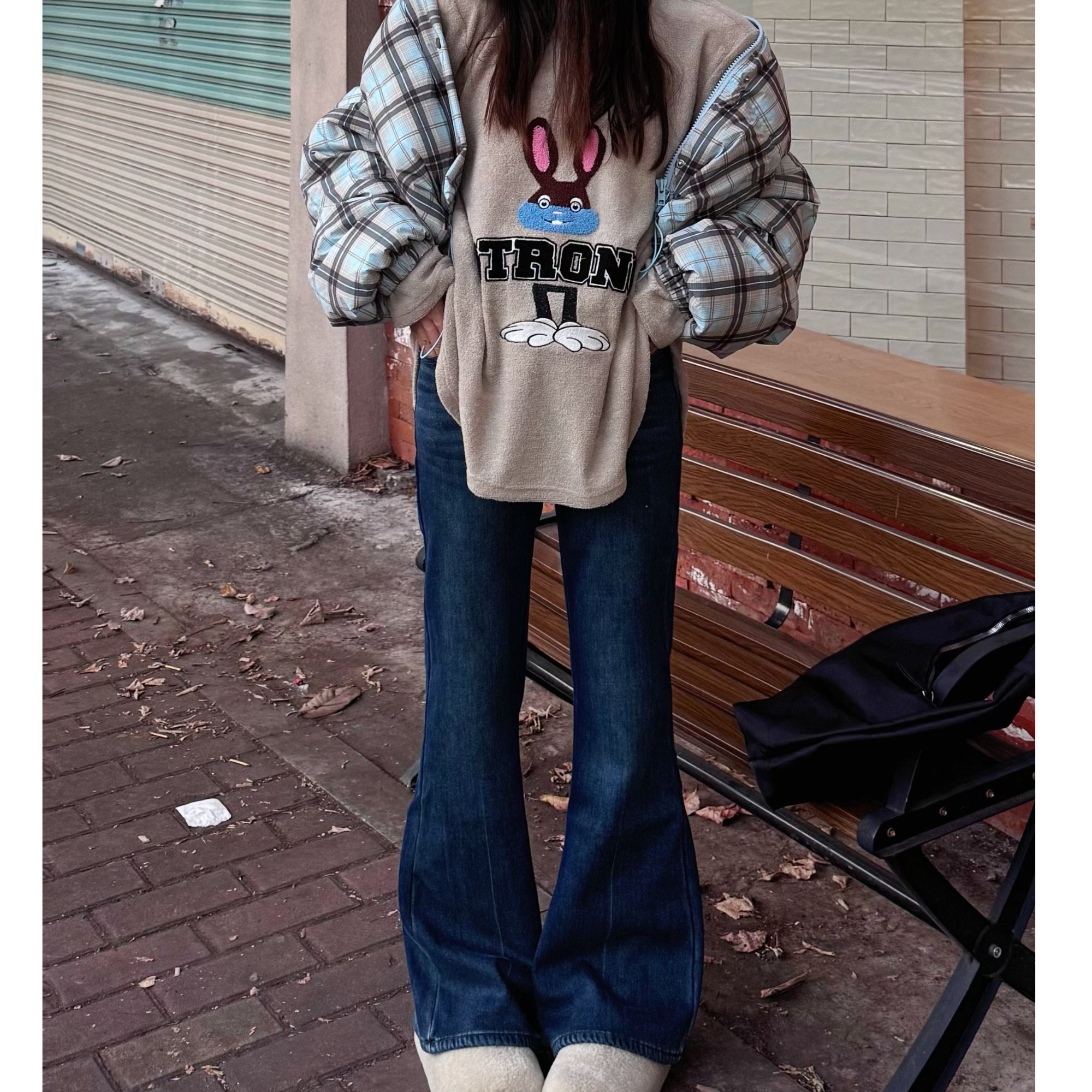 【长腿滤镜】吉吉加绒显瘦修身显腿长筒喇喇叭牛仔裤#501 C105