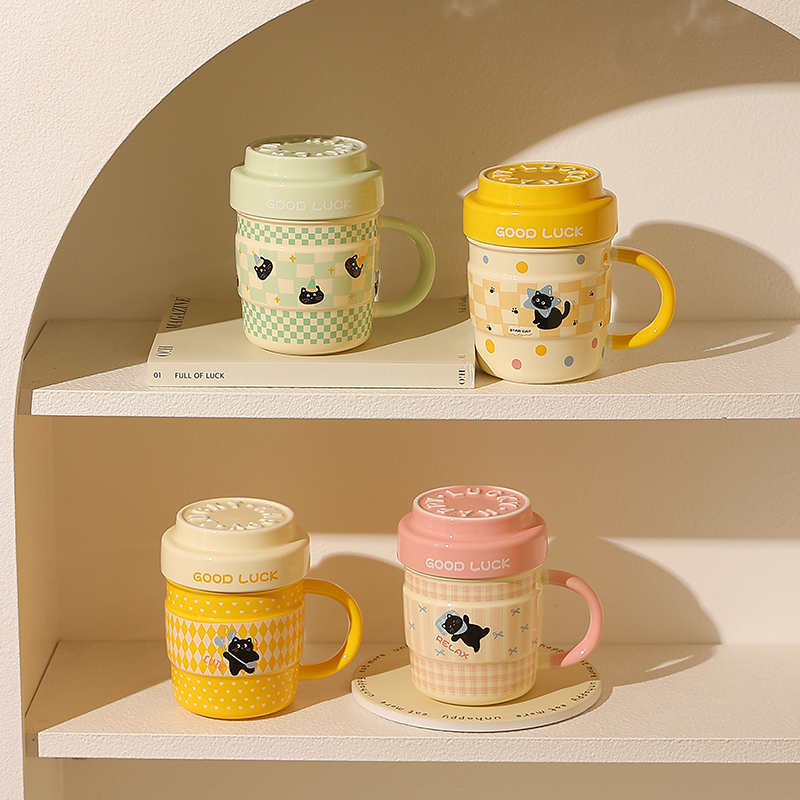 可爱马克杯办公室带盖陶瓷水杯女生高颜值情侣杯小猫杯子伴手礼物