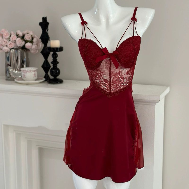 睡衣冰丝纯露背内衣蕾丝睡裙透视性感诱惑高级胸垫欲nyqq聚拢瑰