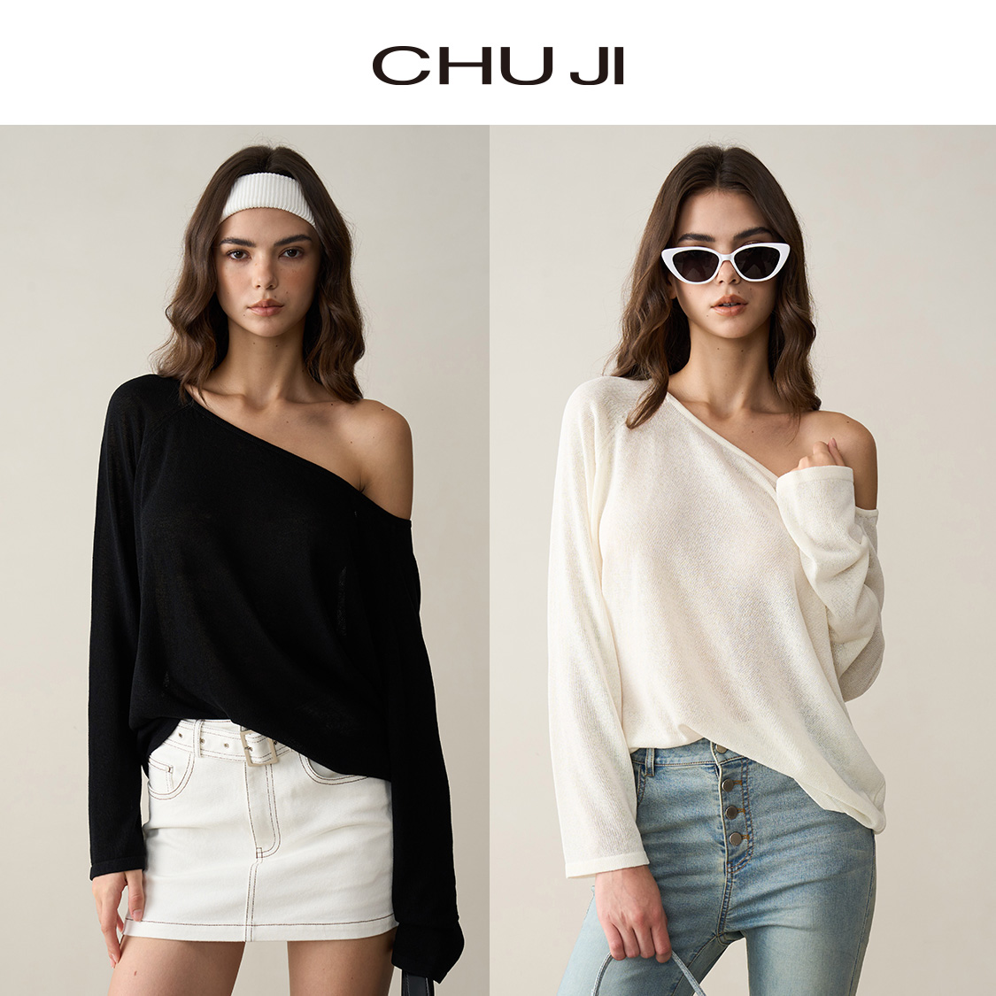 Chuji/出迹夏季薄款蝙蝠袖斜领罩衫新款微透宽松长袖上衣-E1N006M