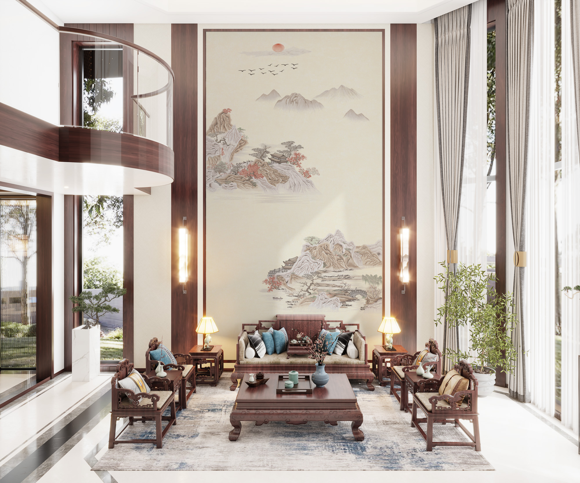 馨绣居-千宵凌云纯刺绣新中式背景软装适用于别墅玄关高端墙布