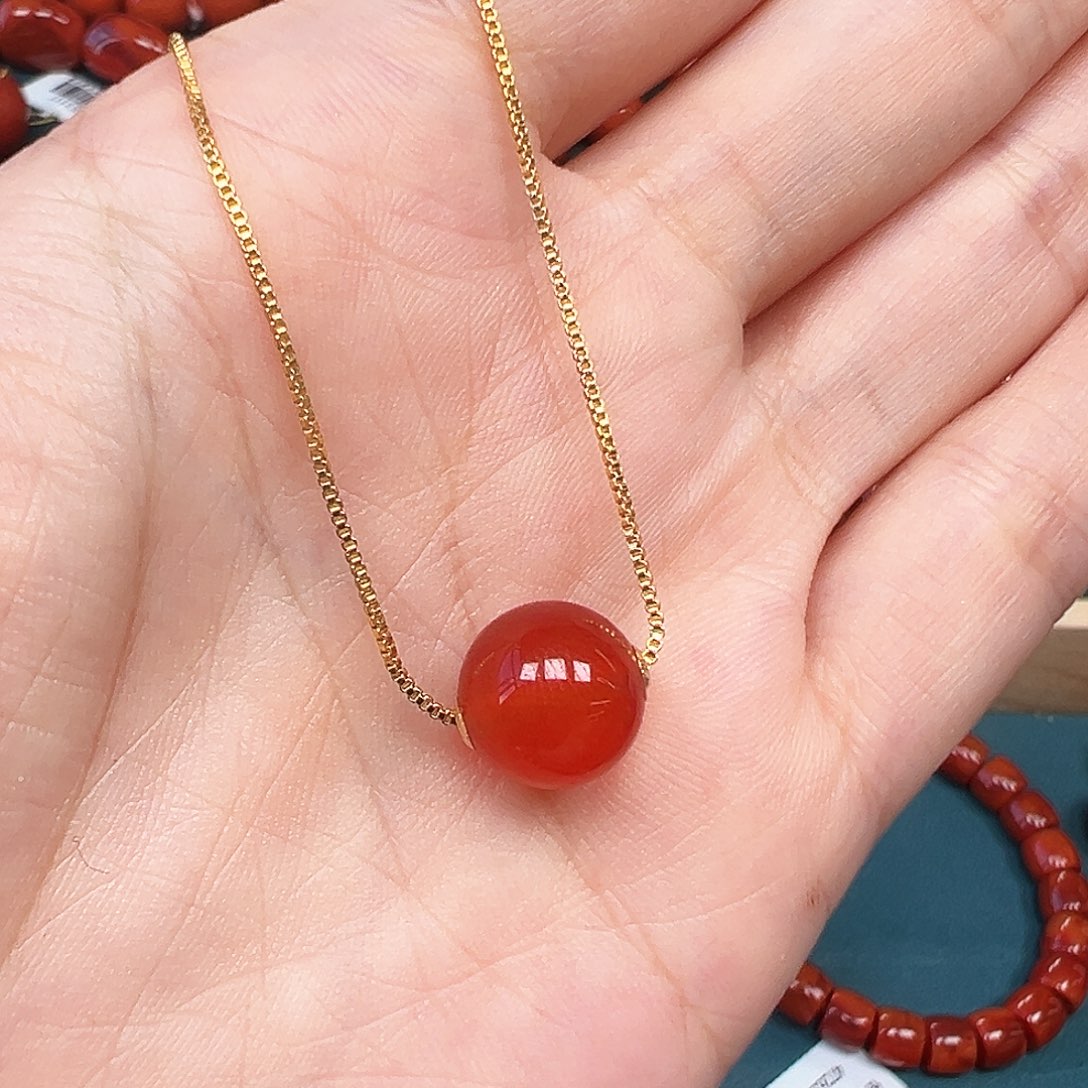南红玛瑙18K金镶嵌吊坠冰红转运珠10mm+