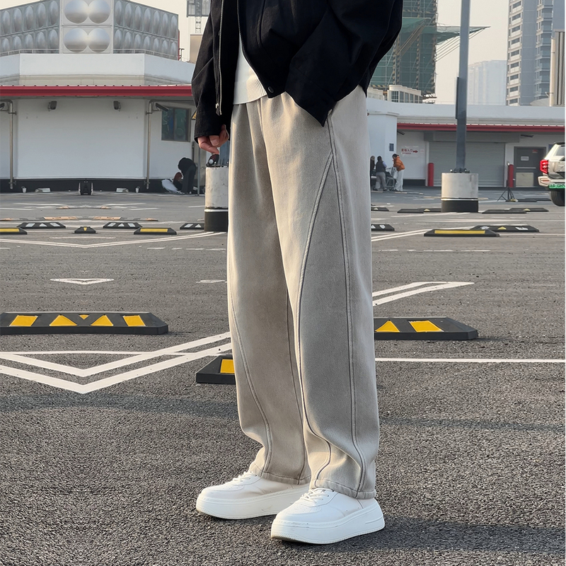 美式水洗晨雾灰牛仔裤男秋冬加绒加厚潮松复古弯刀阔腿休闲裤男款