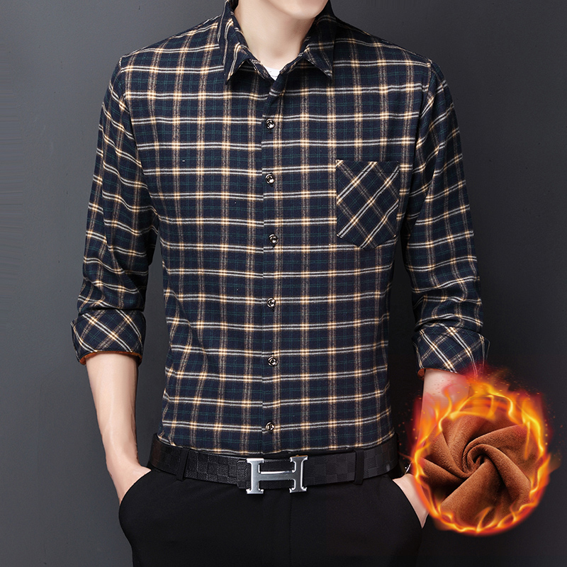 冬季加绒加厚衬衫男士衬衣长袖中年休闲格子保暖