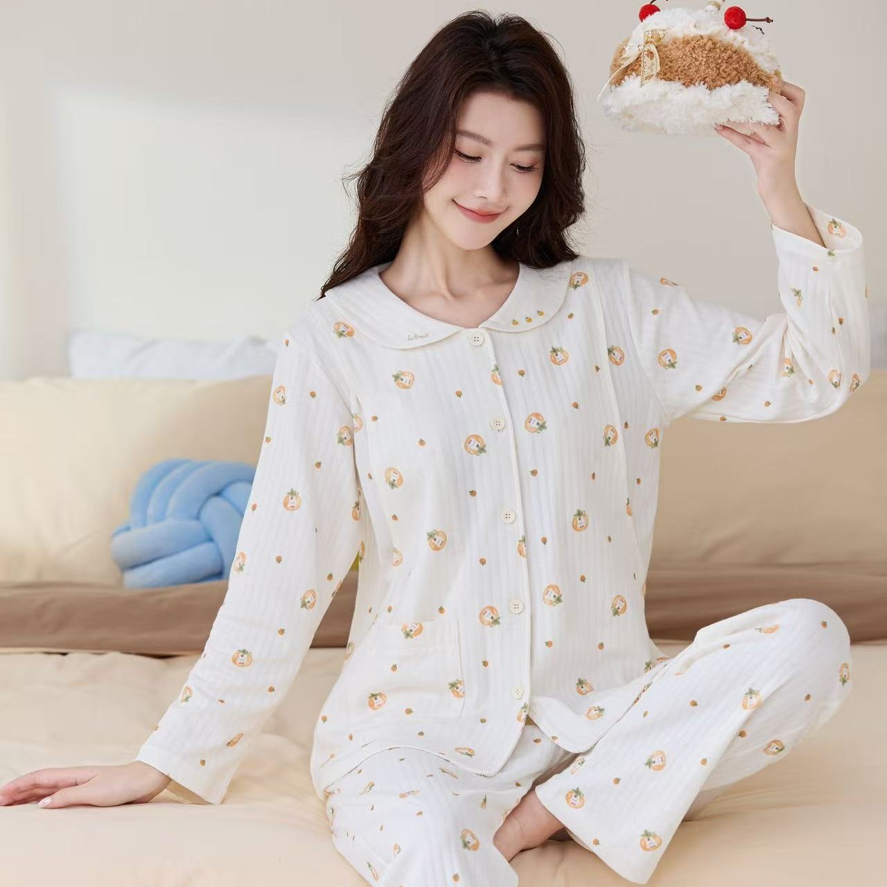 5104 纯棉孕妇装月子服秋冬加厚款哺乳套装印花产后喂奶家居服套