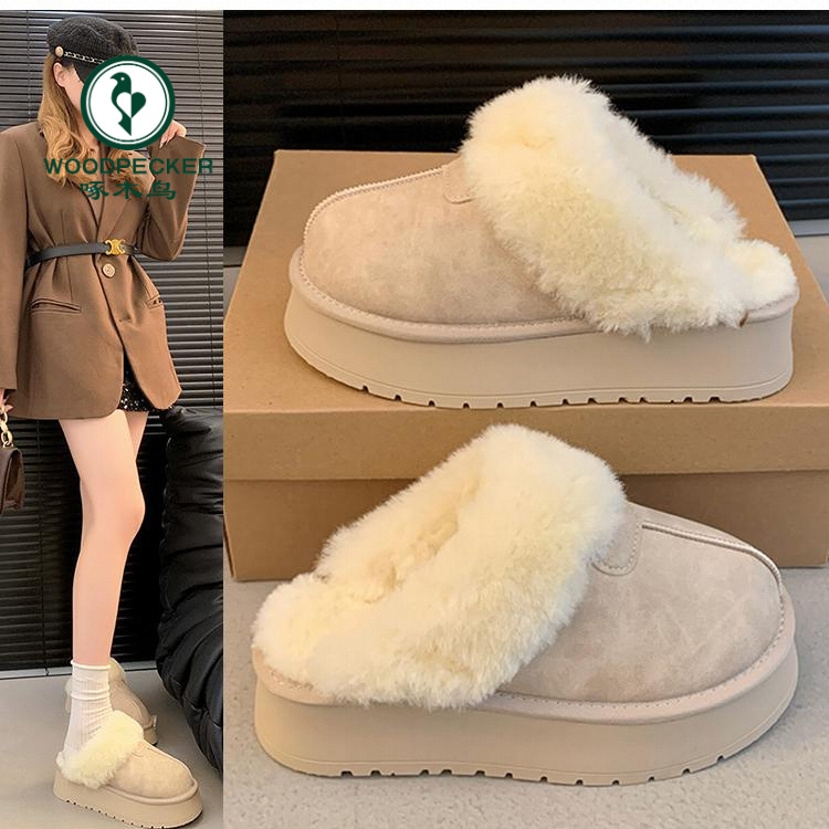 啄木鸟2025新款雪地靴女冬季皮毛一体加绒厚底保暖外穿包头半拖鞋