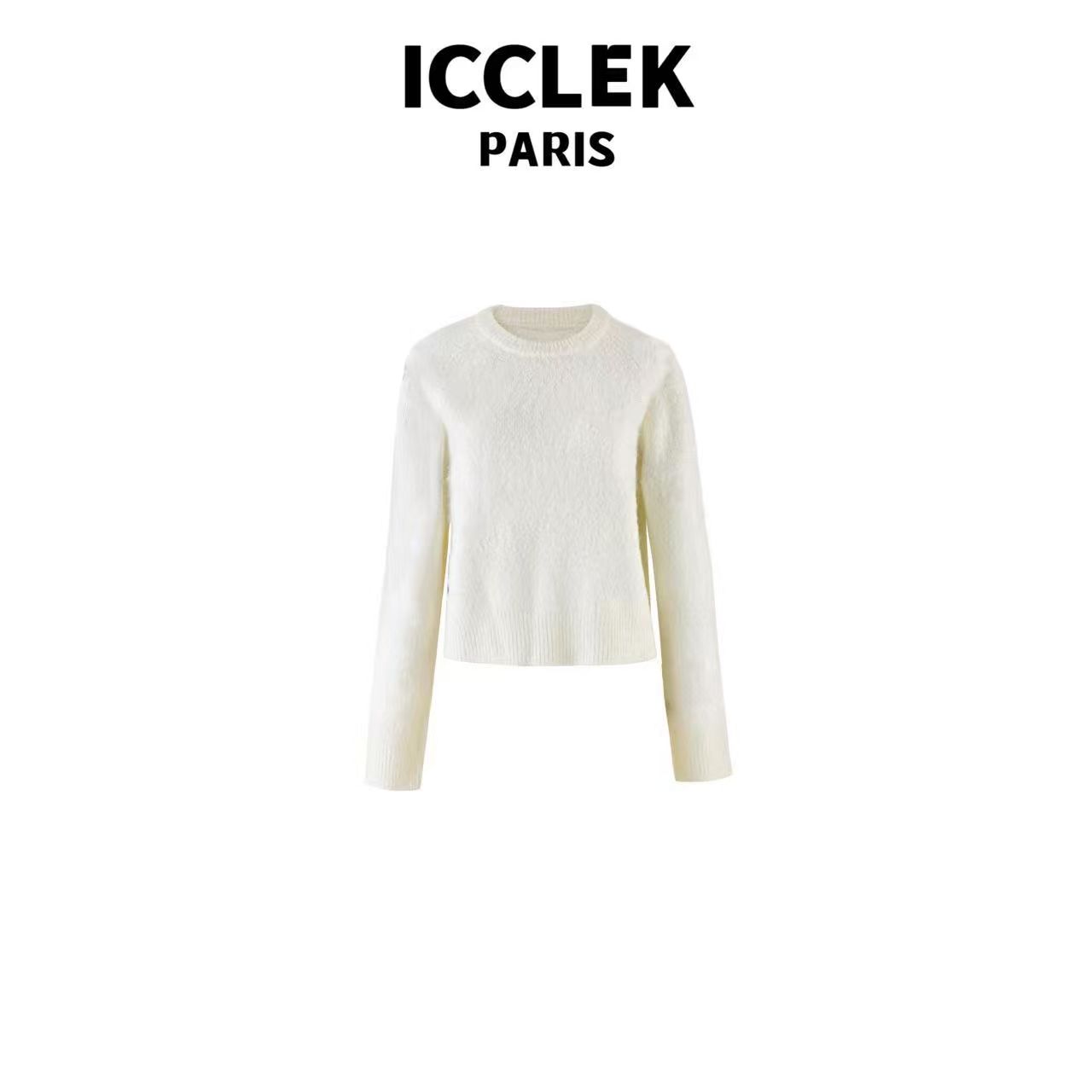 ICCLEK 白色圆领刺绣长袖针织衫 气质 轻奢 名媛 -5064