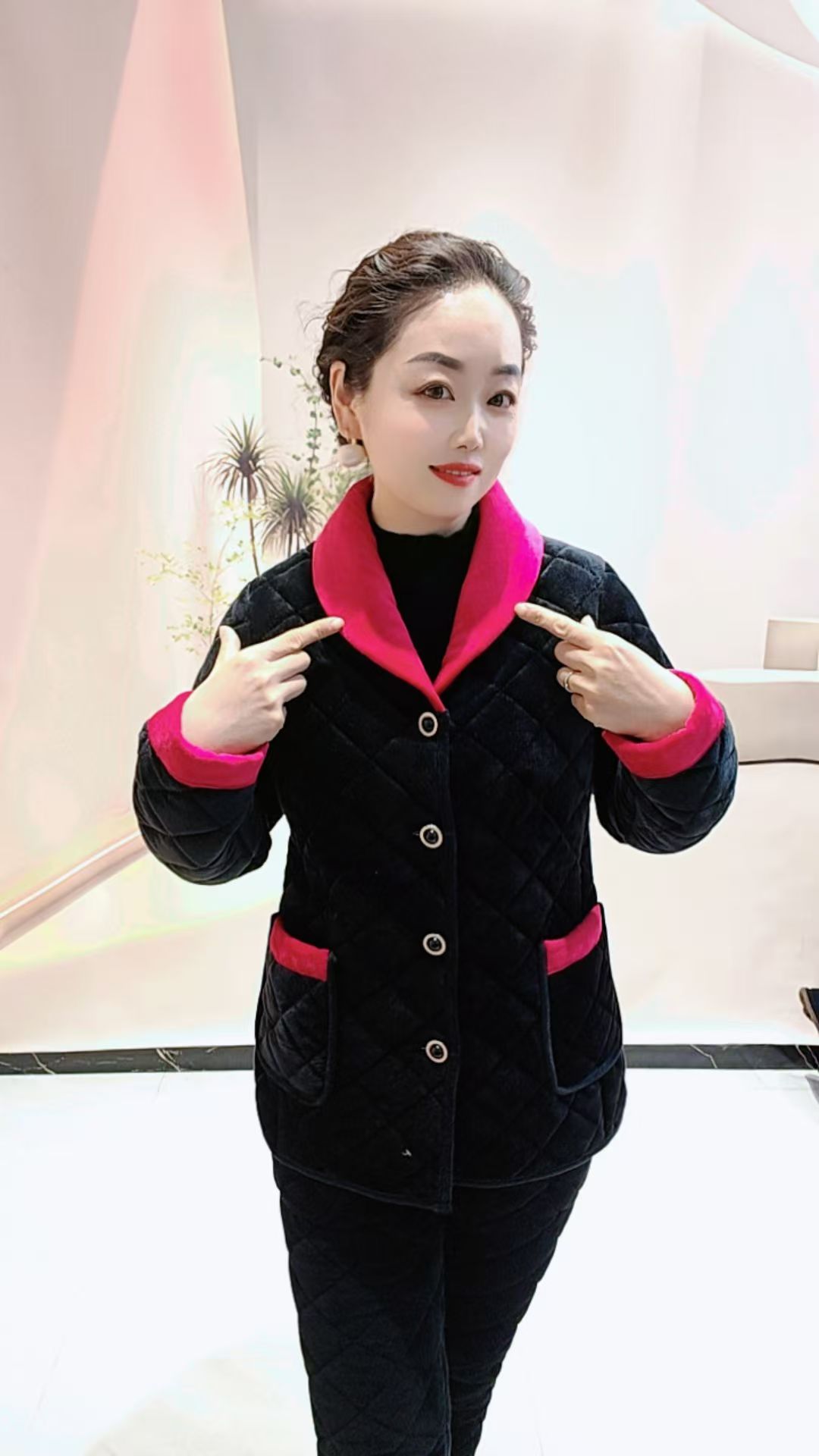 冬季加绒女中国风睡衣洋气拼接保暖修身显瘦  套装