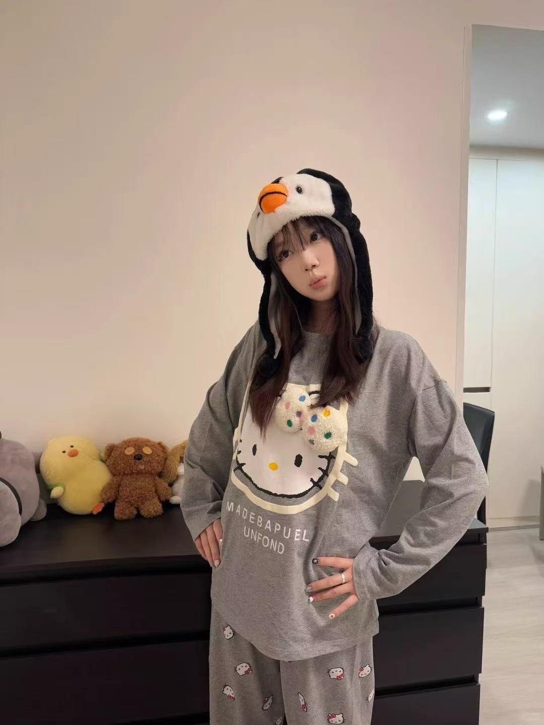 【彩点蝴蝶结kt】春秋季甜美长袖睡衣女新款可爱印花套装家居服外穿