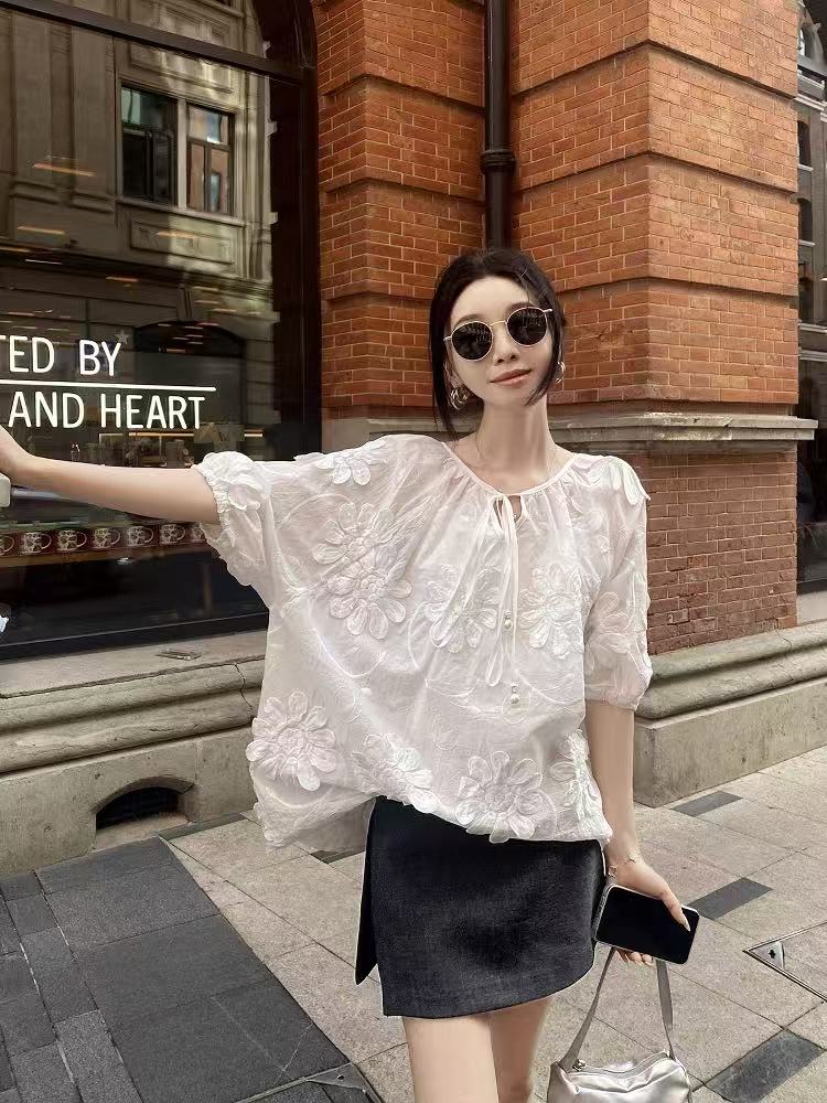 灯笼袖系带泡泡袖衬衫绣花印花白色上衣DS2-3115