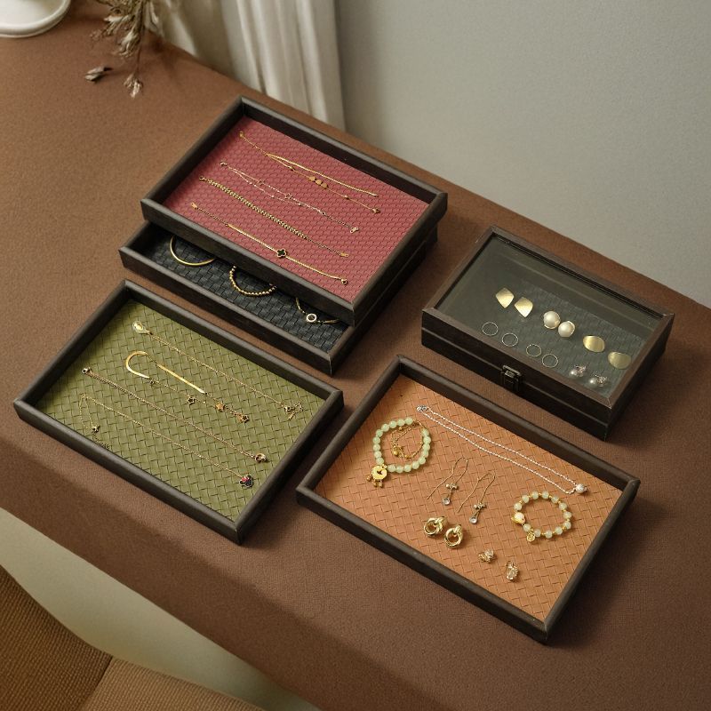 经典皮革收纳盒文玩托盘戒指收纳盘手串手链展示盘长方形茶托盘L