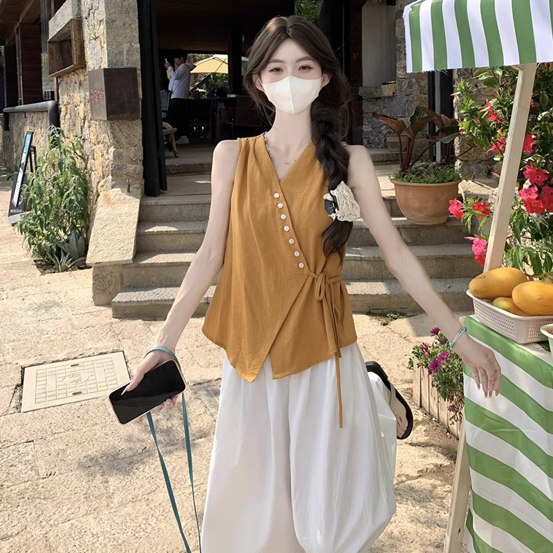 无袖上衣女夏日2025新款多巴胺穿搭独特漂亮法式小资衬衫套装