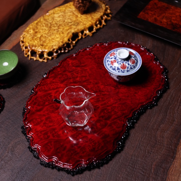 45-30-1.6 黄金樟茶盘家用干泡大号雕刻满榴花整块实木缅花金丝楠