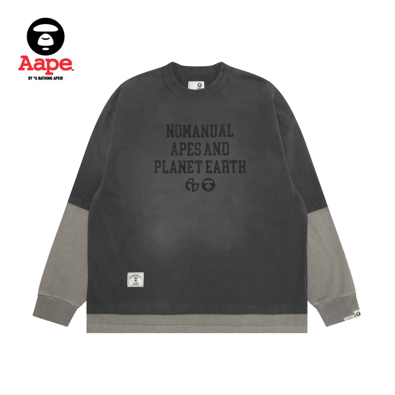 Aape联名NOMANUAL男装爆裂字母印花做旧假两件长袖T恤9773XXP