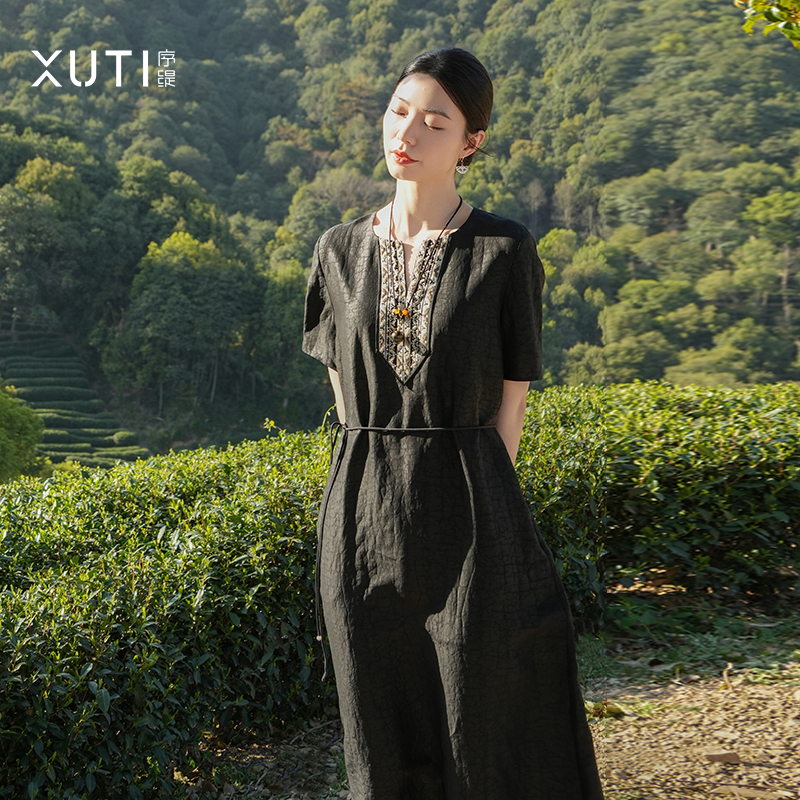 序缇新款夏季国复古风新中式女装桑蚕丝连衣裙H18-10968