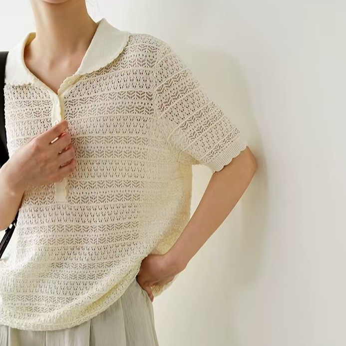 【汐宝女装】韩系重工镂空桑蚕丝羊毛针织夏季短袖上衣薄款娃娃毛衣