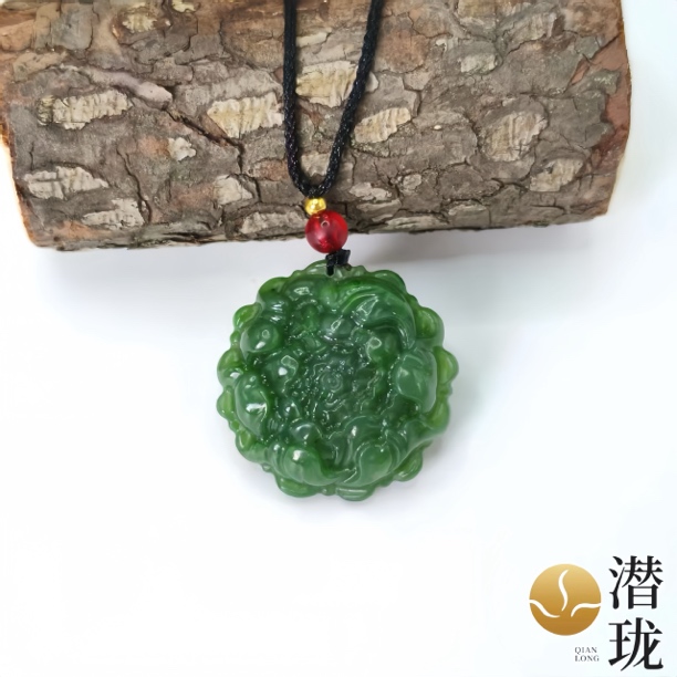 【潜珑】hs-80-089和田玉碧玉花开富贵吊坠35*9mm