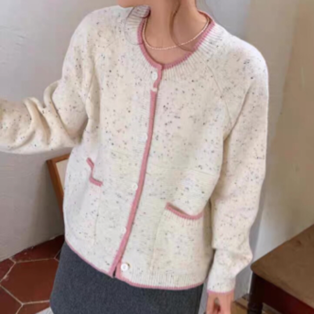 复古小香风粉边针织开衫女2025新款韩系宽松百搭