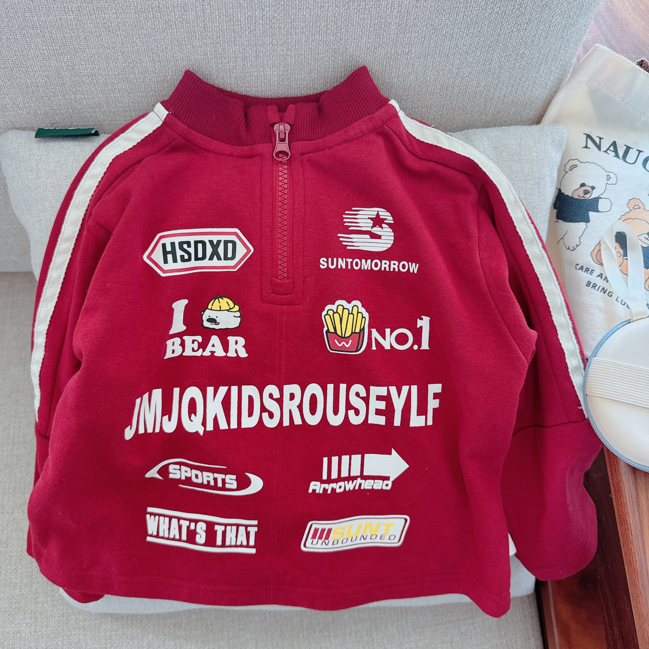 JMJQ年款秋冬赛车风中小童半拉链印花运动抓绒重工立领卫衣251183