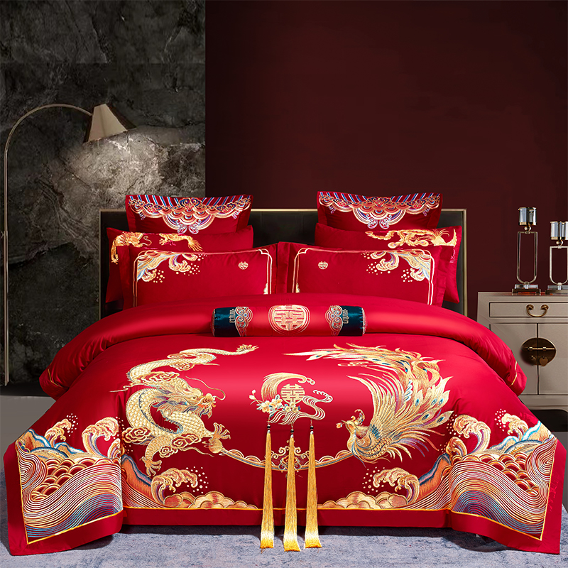 高端婚庆100支双股长绒棉大红色龙凤刺绣加厚加密结婚四件套喜庆
