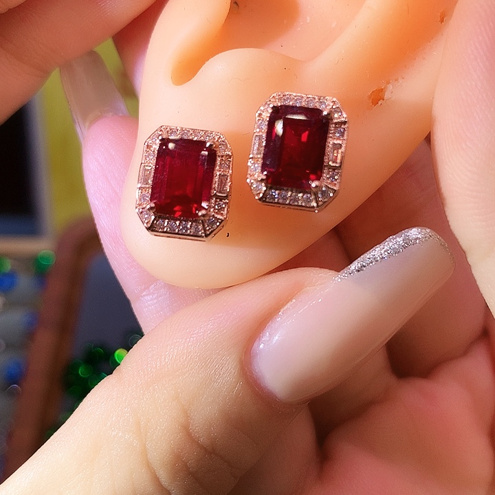 耳饰银S925镶嵌红宝石