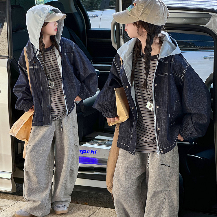 女童秋装牛仔外套2025新款童装中大童春秋连帽休闲上衣潮儿童衣服