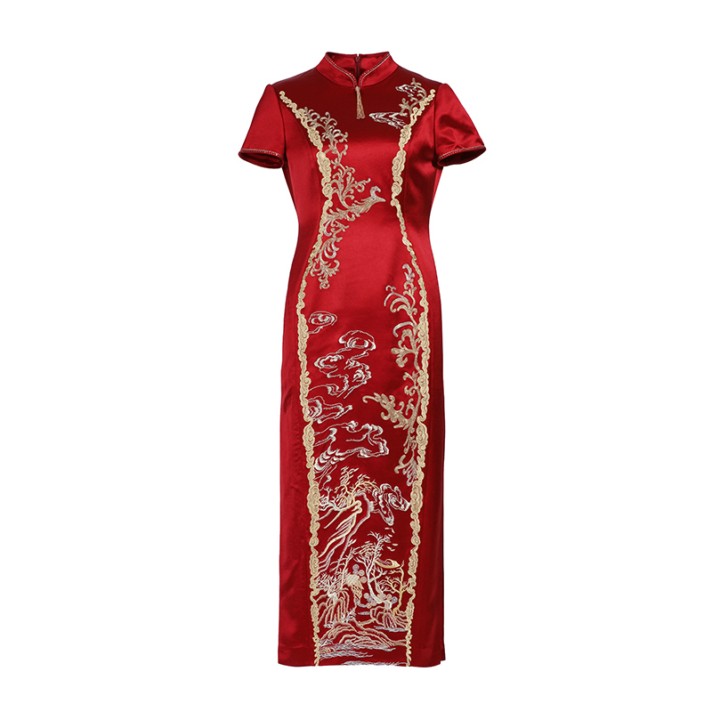 禧上加囍17301酒红色刺绣旗袍喜妈妈喜婆婆婚宴装订婚低开叉