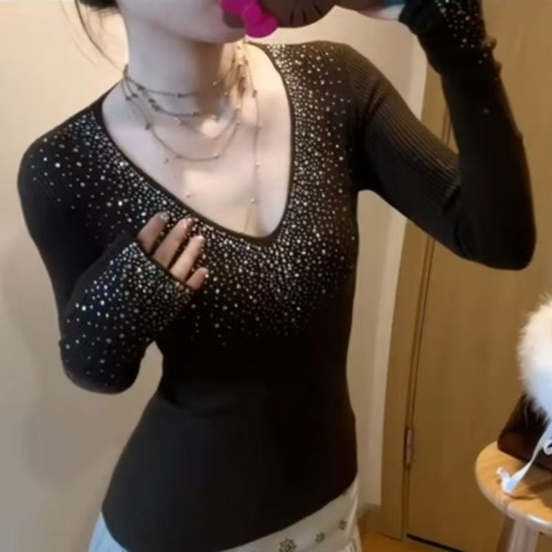 秋冬季新款镶钻V领性感薄拉绒特体大码210斤可穿打底T桖27639
