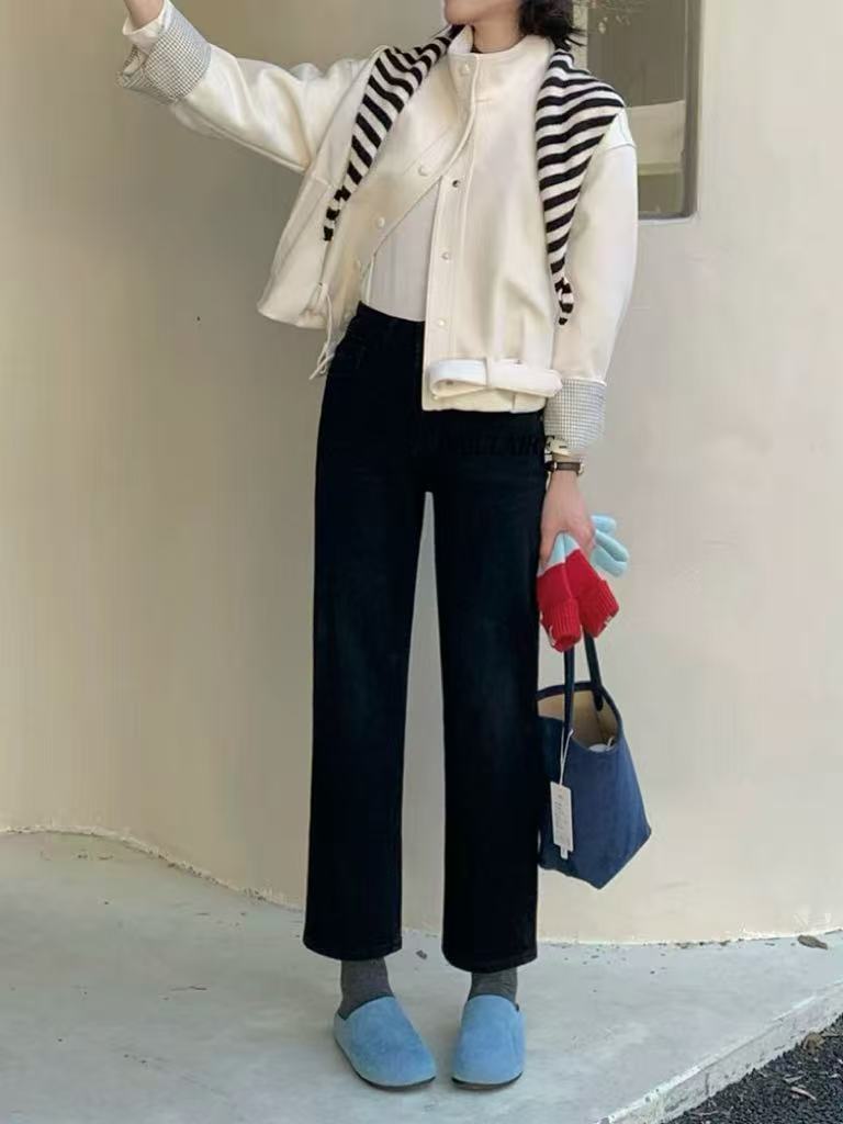 SU【859】代A9 愫丹  牛仔裤女冬季新款四面弹特绒黑色九分法棍裤