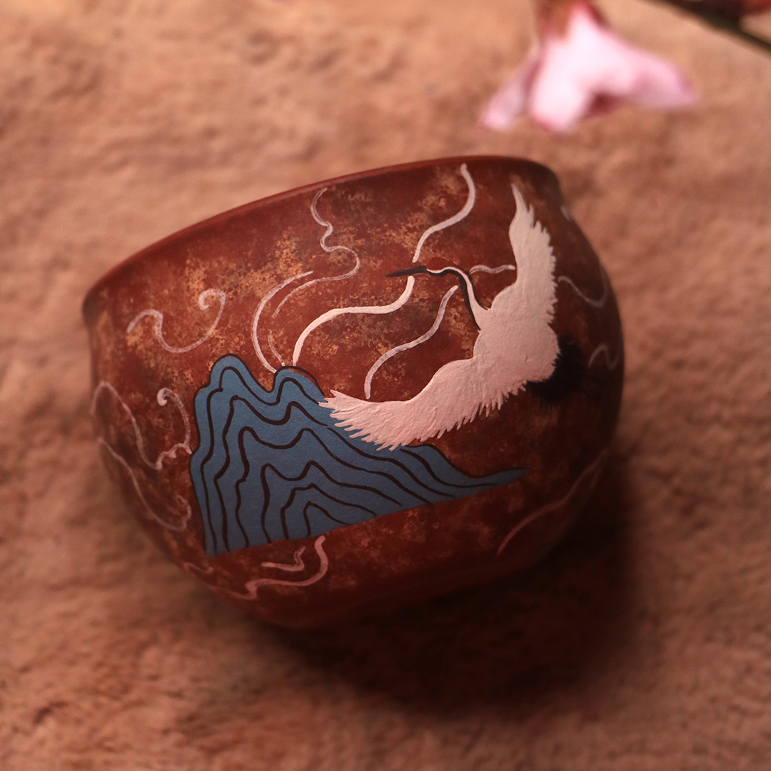 紫砂 敦煌 大红袍 缸杯 手工泥绘 240cc