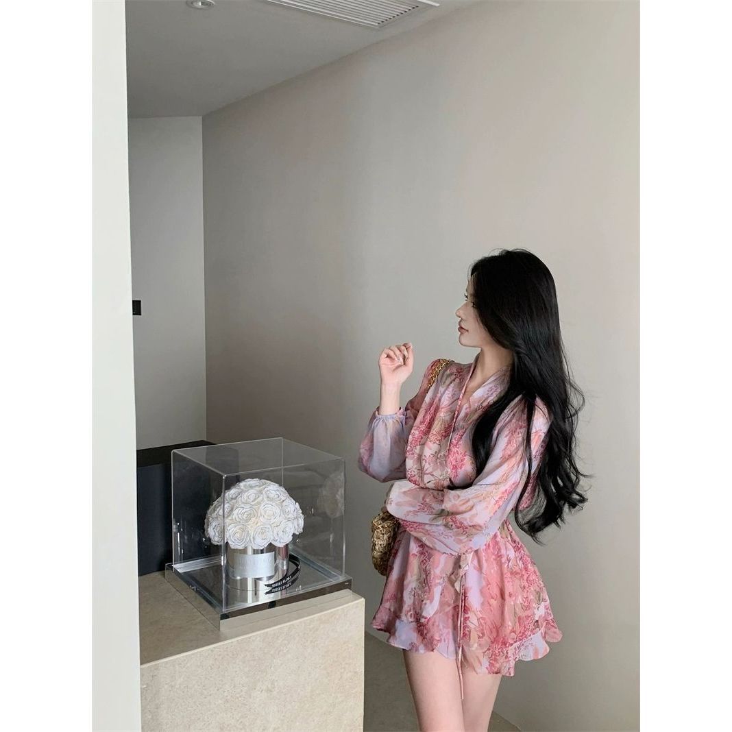 【5775人收藏】法式碎花长袖v领雪纺连衣裙女春季超仙超好看温柔风