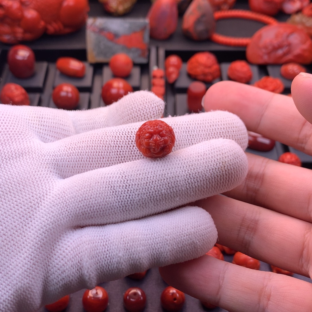 南红玛瑙未镶嵌精工雕刻象神圆珠单珠14.3mm