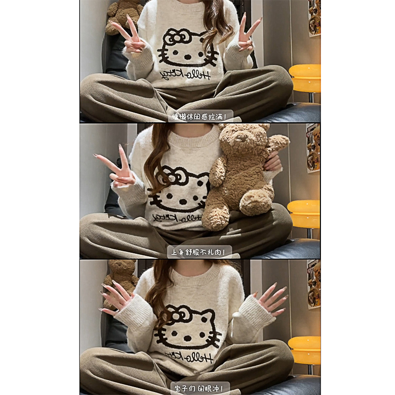 【帝韵】韩系kitty猫提花套头针织衫毛衣女秋冬宽松慵懒风打底上衣