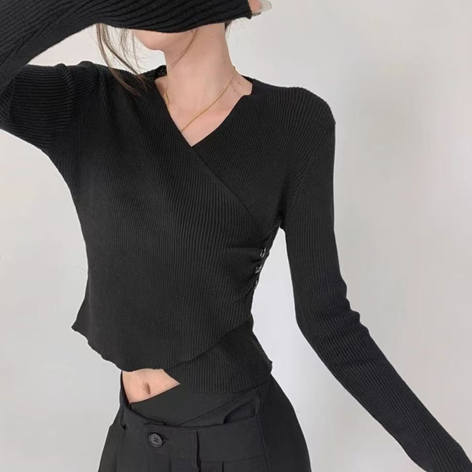 1针织显瘦长袖短款百搭不规则修身v领秋冬