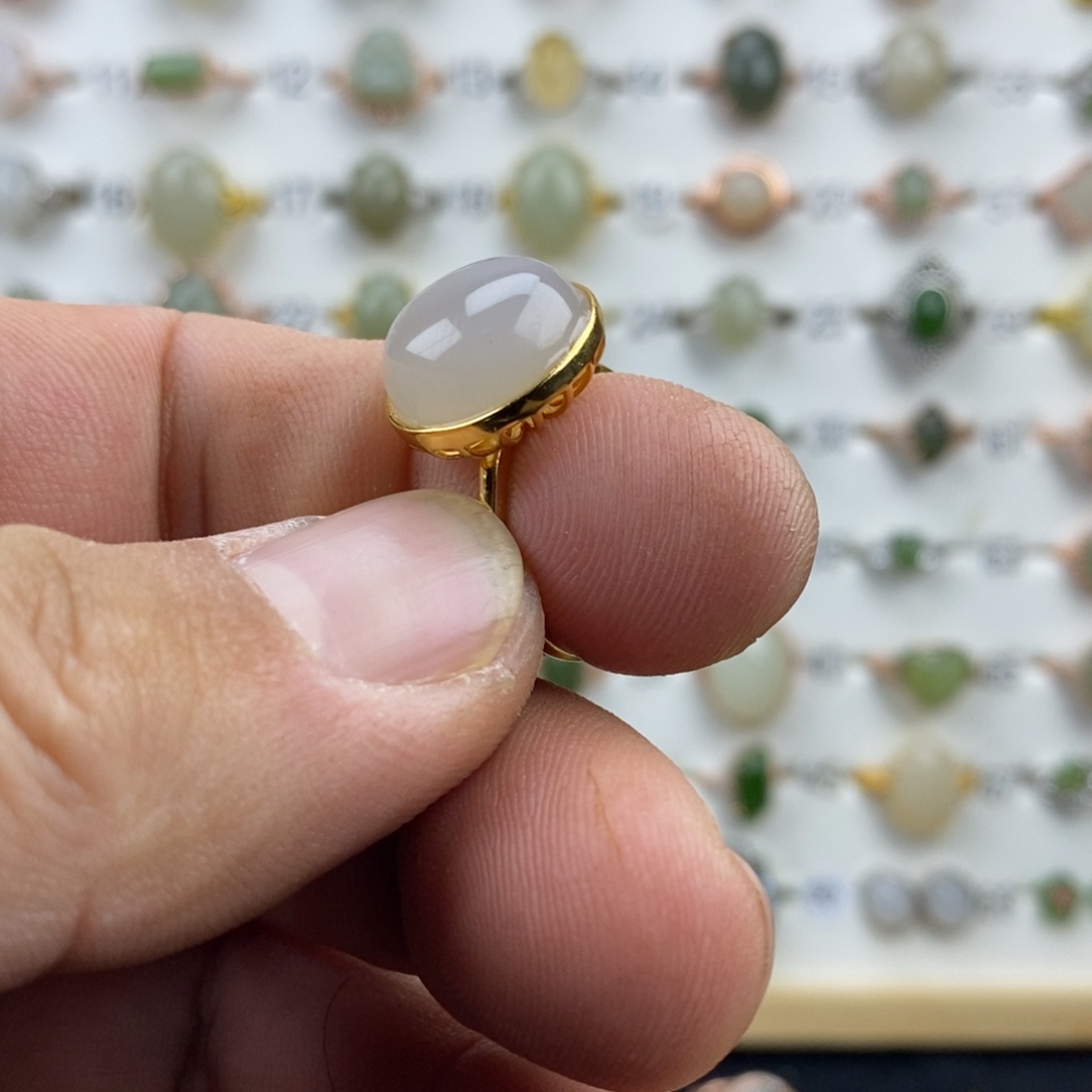 和田玉（青白玉）银S925镀金镶嵌戒指