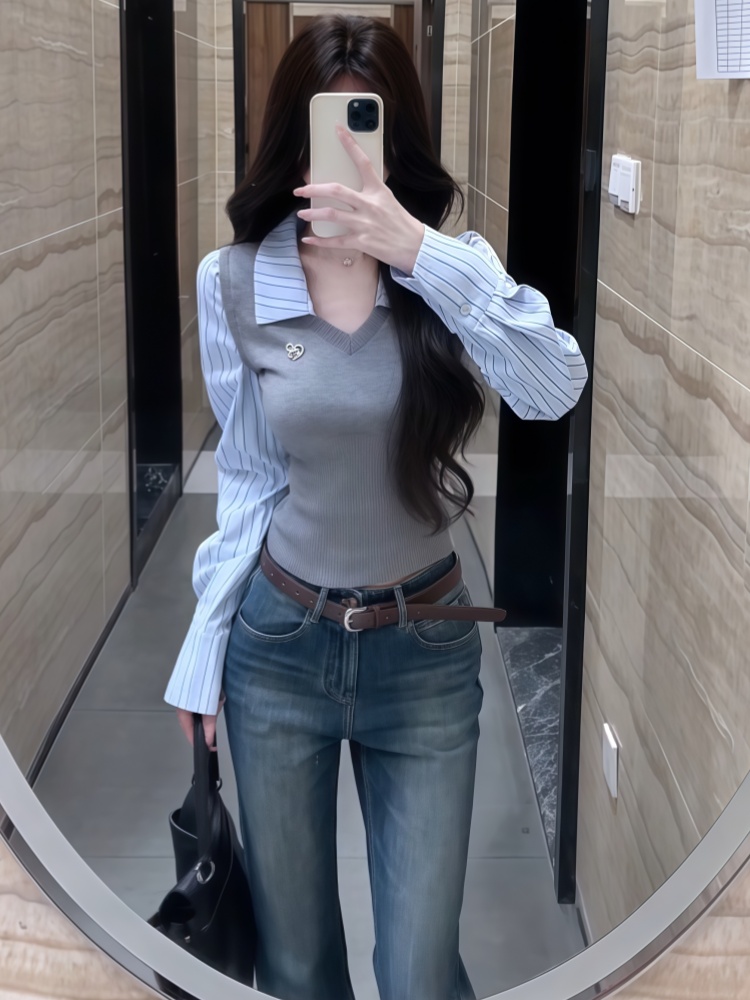 灰色条纹假两件拼接长袖衬衫女2025秋冬新款设计感修腰显瘦上衣潮