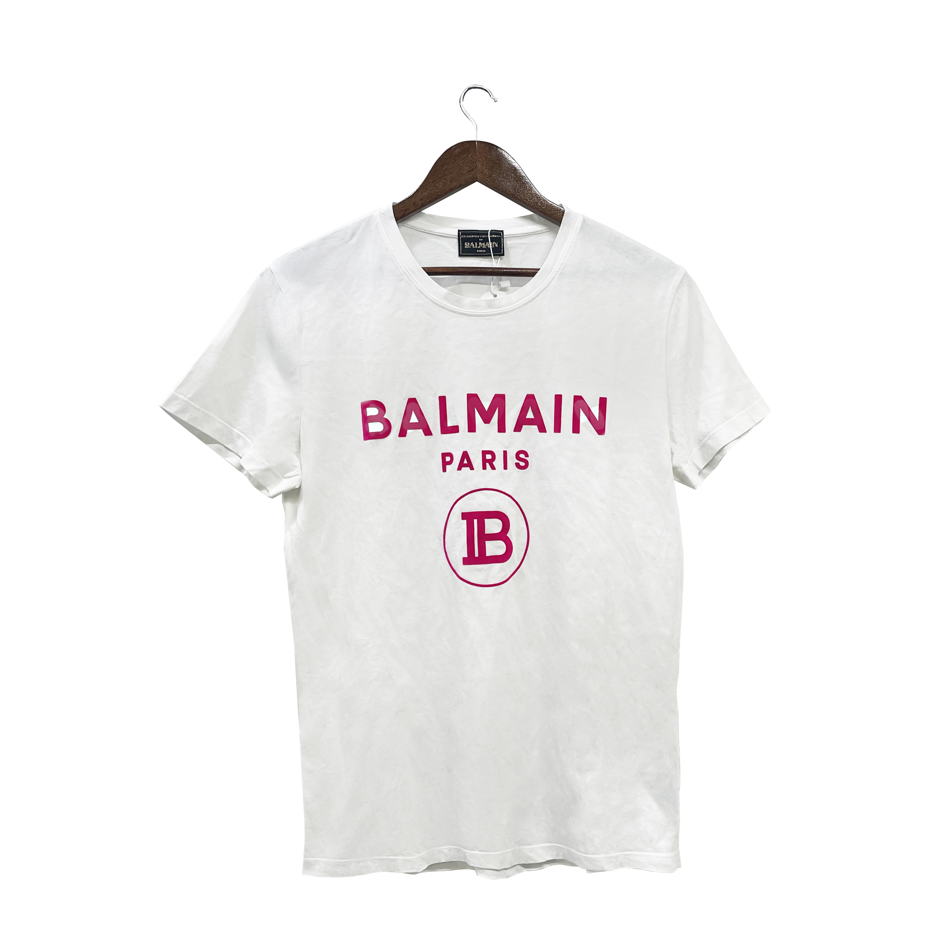 99新 BALMAIN/巴尔曼 青奢荟/m码/休闲白玫红字母短袖t恤///72217