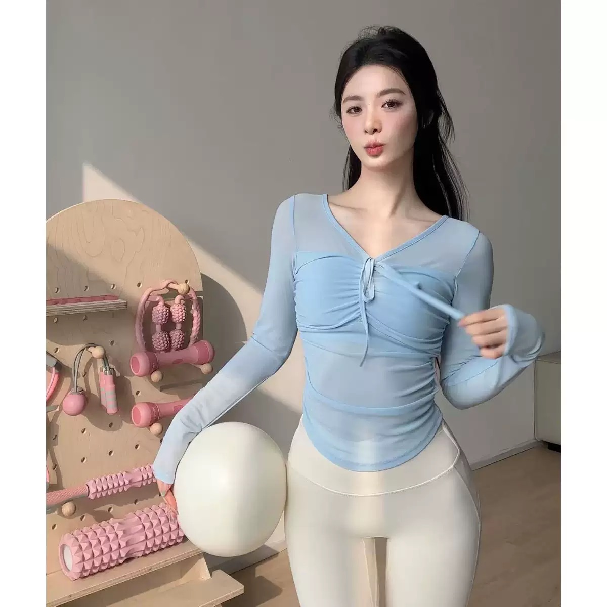 网纱瑜伽服长袖一体式免穿文胸假两件透气显瘦运动健身服上衣美背