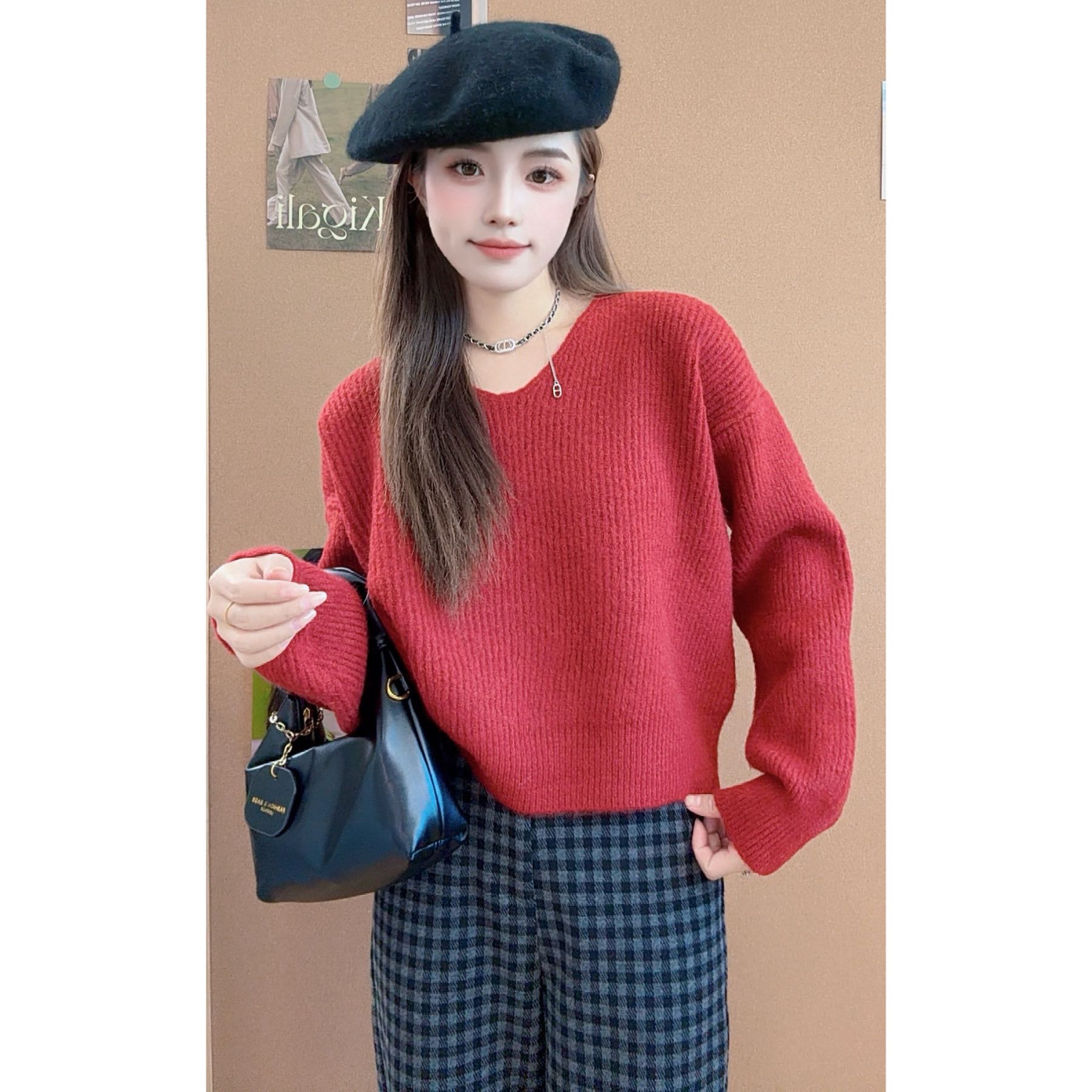 【清货价】小个子定制秋冬法式V领软糯针织加厚保暖毛衣女慵懒风