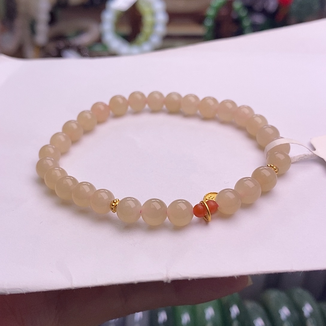 颈饰未镶嵌和田玉熟藕粉银镶手串6MM