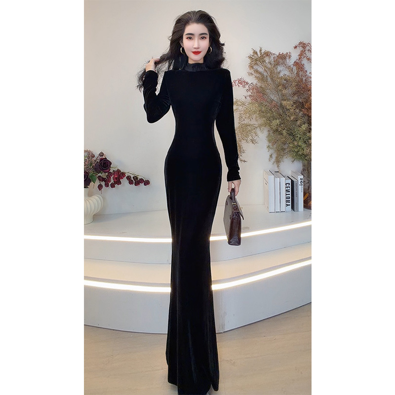 2025冬季时尚气质新款丝绒接拼修身鱼尾长裙黑色打底连衣裙 99187